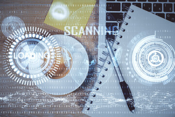 Double exposure of data drawing hologram over topview of study desk background with computer. Concept of Ai.