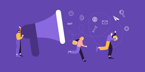 Working process management concept illustration. Manager holding megaphone and giving tasks for workers - task, to-do-lists, money, calls, messages.