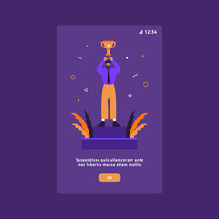 Business success and victory UX mobile slider flat vector template. Succesful businessman holding a winner cup.