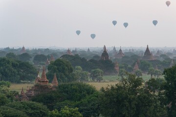 Sunrise Pagodas stupas and temples of Bagan in Myanmar, Burma