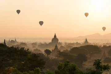 Sunrise Pagodas stupas and temples of Bagan in Myanmar, Burma