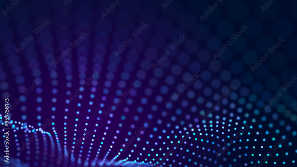 Fototapete Abstract technology stream background. Digital dynamic wave of dots. Network connection structure. 3D rendering.