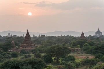 Obraz premium Sunset pagodas stupas and temples of Bagan in Myanmar, Burma