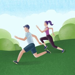 A man and a woman are engaged in sports, morning jog on a green meadow in the Park and listen to music. They lead a healthy lifestyle.