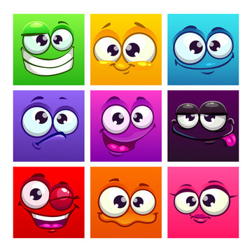 Funny cartoon colorful square emoji faces. Comic avatars collection.