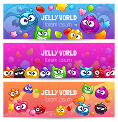 Fototapeta premium Jelly world banners. Cute colorful templates with jellies , candies and funny monsters.
