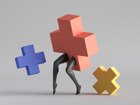 d render, abstract minimal surreal design, funny contemporary art. Colorful geometric shapes, red cross or plus with black human model legs. Game play concept