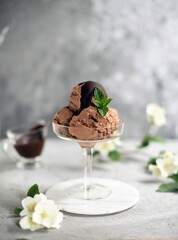 Chocolate ice cream in a cup , Chocolate ice cream with chocolate.
