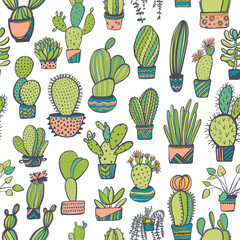 Seamless pattern with colorful cactus. Ink illustration. Hand drawn ornament for wrapping paper.