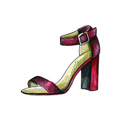 Watercolor colorful Hand-drawn sketch of women shoes. Block Heel shoes. Stylish and fashionable shoes. Shoes for walking. Feet accessories.	
