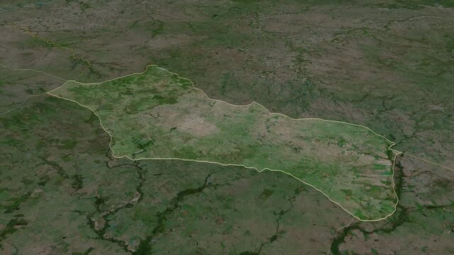 Rivera, department with its capital, zoomed and extruded on the satellite map of Uruguay in the conformal Stereographic projection. Animation 3D