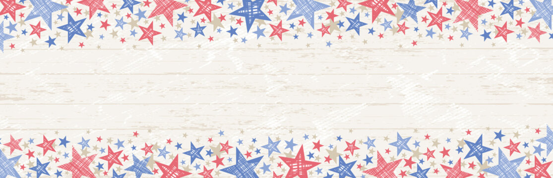 Banner with grunge USA background with red and blue stars. Decorative American banner suitable for background, headers, posters, cards, website. Vector illustration