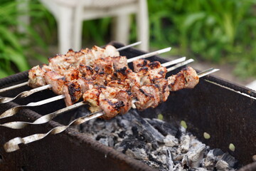 Close up of toasted shashlik on skewers. Succulent barbecue roasting on chargrill. Concept of picnic outdoor.