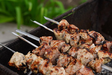 Close up of toasted shashlik on skewers. Succulent barbecue roasting on chargrill. Concept of picnic outdoor.