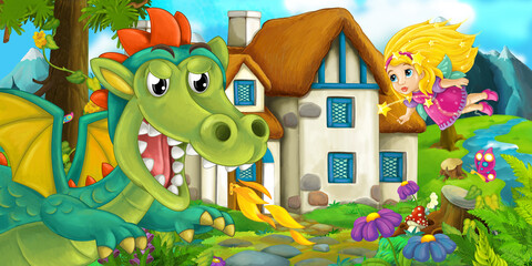 Cartoon scene of a dragon near the village and magical fairy girl - illustration