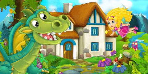 Cartoon scene of a dragon near the village and magical fairy girl - illustration