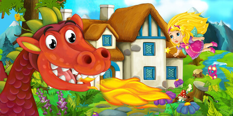 Cartoon scene of a dragon near the village and magical fairy girl - illustration