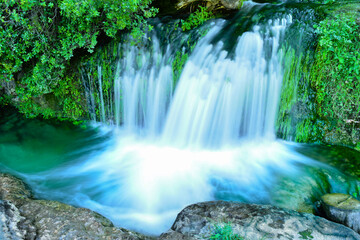 Waterfall of water in the middle of green vegetation