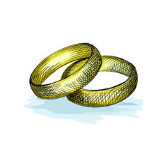Watercolor colorful Hand-drawn sketch of gold engagement rings. Wedding accesories and attributes. 