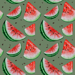 Watermelon slice fruit seamless patterns watercolor hand drawn illustration, fresh healthy food - natural organic food fabric texture on green background. Scrapbook paper