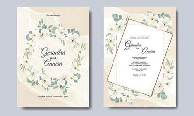   Wedding invitation card template set with beautiful white  floral leaves Premium Vector