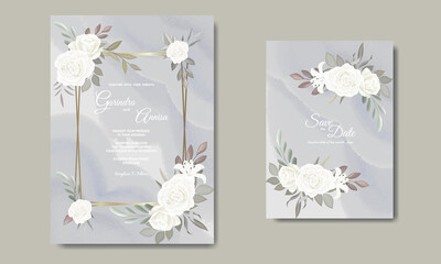   Wedding invitation card template set with beautiful white  floral leaves Premium Vector