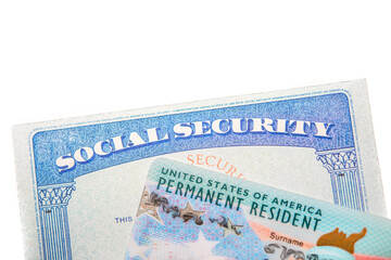Green Card and Social Security Card on white background. DV Lottery Results. US Permanent resident. United States of America.