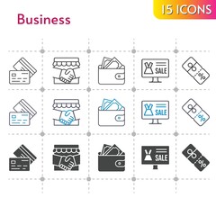 business icon set. included handshake, online shop, wallet, discount, credit card icons on white background. linear, bicolor, filled styles.