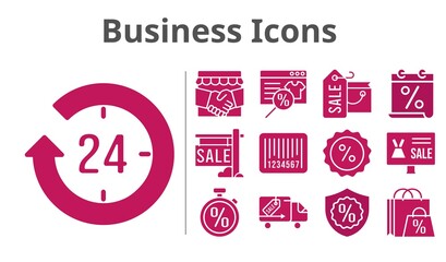 business icons set. included calendar, shopping bag, handshake, online shop, 24-hours, sale, warranty, discount, delivery truck, barcode, stopwatch icons. filled styles.