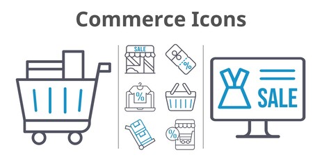 commerce icons set. included online shop, shop, shopping cart, discount, shopping-basket, trolley icons. bicolor styles.