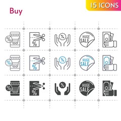 buy icon set. included online shop, sale, money, voucher, discount icons on white background. linear, bicolor, filled styles.