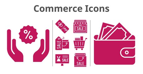 commerce icons set. included shopping bag, online shop, shop, wallet, shopping cart, discount icons. filled styles.