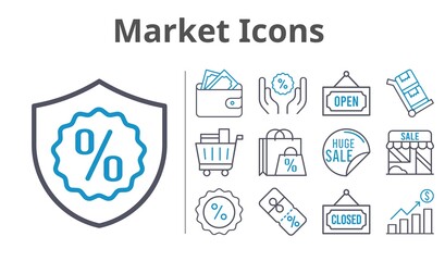 market icons set. included profits, shopping bag, sale, wallet, shop, shopping cart, discount, closed, warranty, open, trolley icons. bicolor styles.