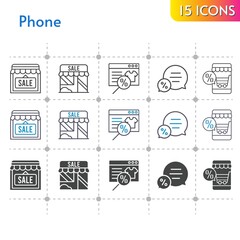 phone icon set. included online shop, shop, chat icons on white background. linear, bicolor, filled styles.