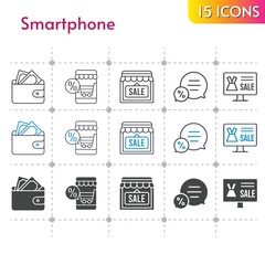 smartphone icon set. included online shop, wallet, shop, chat icons on white background. linear, bicolor, filled styles.