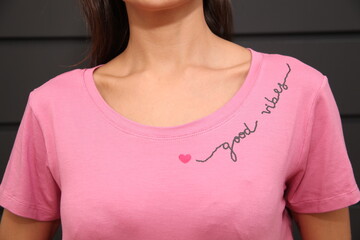 young woman in pink skirt