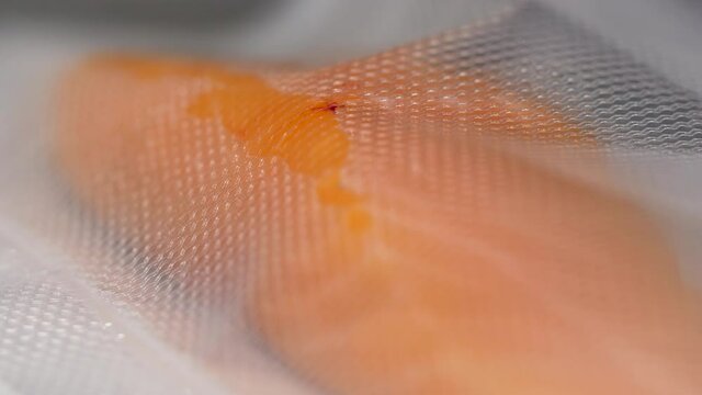 Close-up of raw salmon fish fillet getting vacuum packed into airtight pouch for long term storage. 