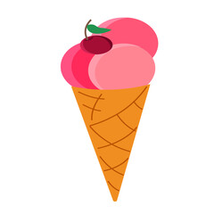 Cherry ice cream cone. Vector illustration on a white background.Summer drawing in flat style.