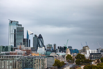 Cityscape skyline views of London with St Paul's Cathedral, the City of London, Canary Wharf, the Shard