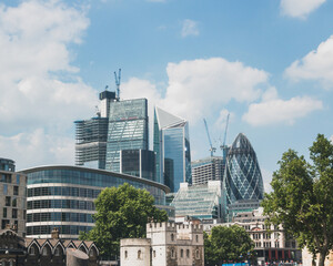 Cityscape skyline views of London with St Paul's Cathedral, the City of London, Canary Wharf, the Shard