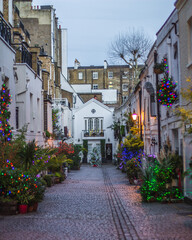 Cute old English street covered with flowers