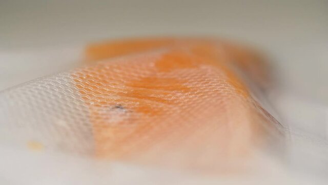 Vacuum packing raw salmon fish fillet into airtight pouch for long term freshness. 