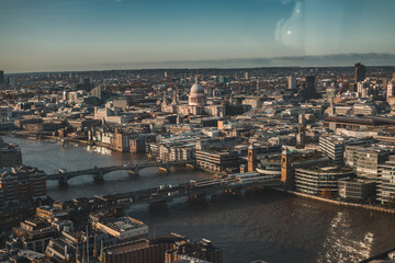 Cityscape skyline views of London with St Paul's Cathedral, the City of London, Canary Wharf, the Shard