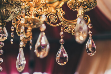 Indian Hindu wedding ceremony decorative crystal chandeliers close up