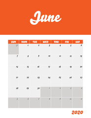 June 2020 Calendar Sheet. Week Start Sunday Modern Design Template.