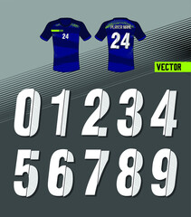 Sport Jersey shirt number/ Uniform numbers in white with a white outside contour line  on white gray for American football, Baseball and Basketball or soccer for shirt