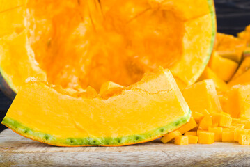 sliced and gutted orange pumpkin