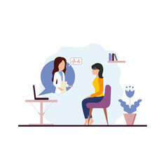 Online medical consultations. A woman doctor treats at home remotely via the Internet. Stylized vector flat illustration. Banner advertising. Consultation of a medical specialist is required.