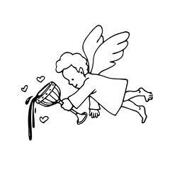Cupid boy with cup of a love potion, god of love, Valentine's day decoration, vector illustration with black contour lines in doodle and hand drawn style