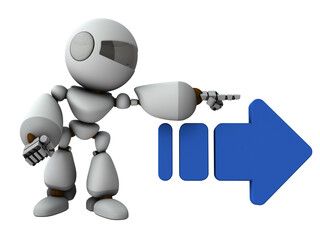 右を差し示す人工知能のロボット【3Dレンダリング】
